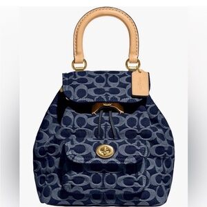 Coach Navy Signature Canvas Backpack with Tan Leather Top Handle